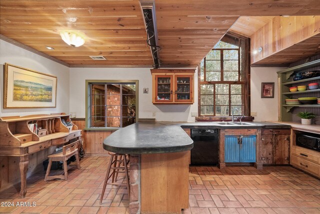 kitchen featuring wooden ceiling, a kitchen breakfast bar, vaulted ceiling, a kitchen island, and black appliances