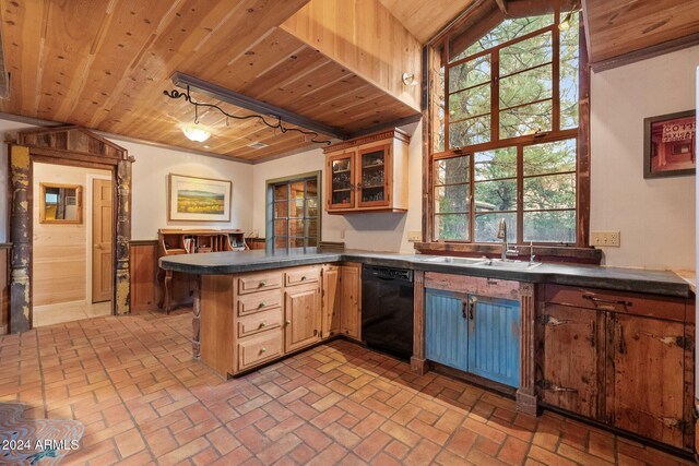 kitchen with wood walls, sink, black dishwasher, kitchen peninsula, and wood ceiling