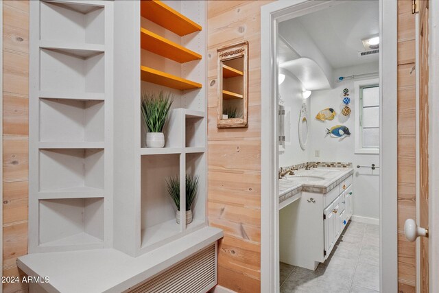 bathroom featuring vanity, wood walls, and built in features