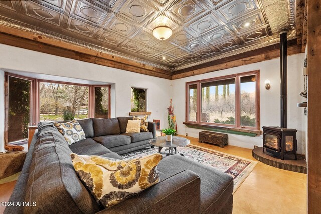 living room with a wood stove and a healthy amount of sunlight