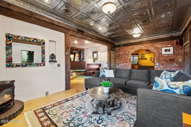 living room with a wood stove