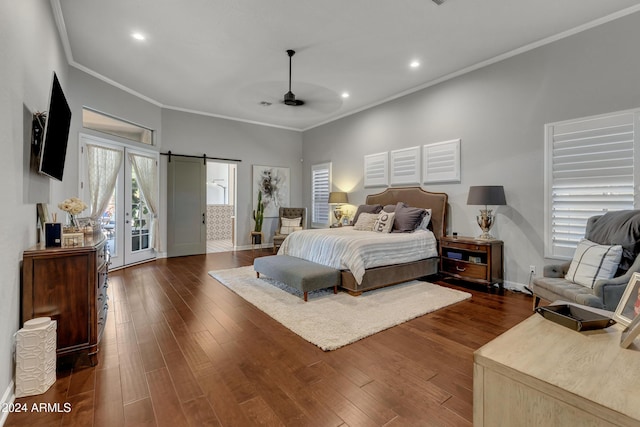 bedroom featuring access to outside, french doors, ceiling fan, a barn door, and ornamental molding