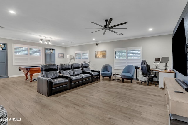 living room with ceiling fan, light hardwood / wood-style floors, crown molding, and billiards