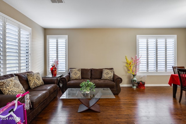 living room featuring a wealth of natural light and dark wood-type flooring