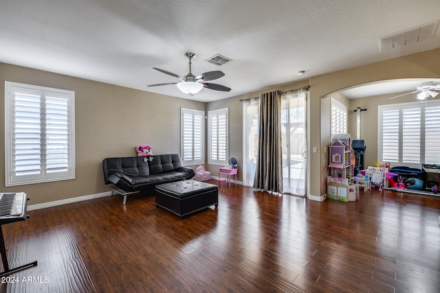 living room with plenty of natural light and dark hardwood / wood-style floors