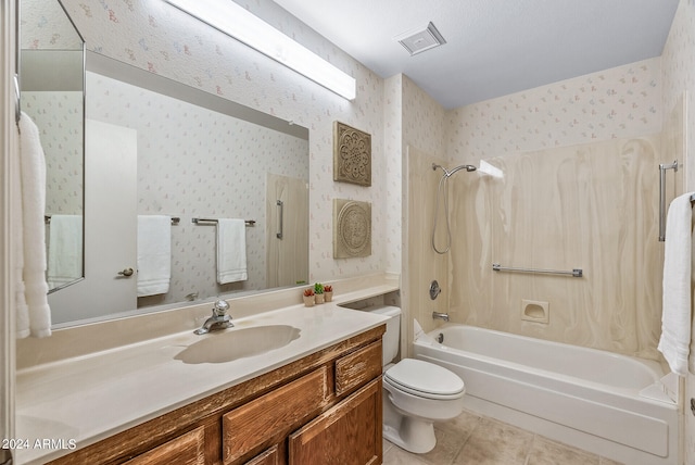 full bathroom featuring tile patterned flooring, vanity, bathtub / shower combination, and toilet