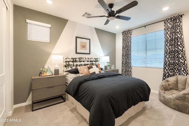 bedroom featuring carpet floors, visible vents, and recessed lighting