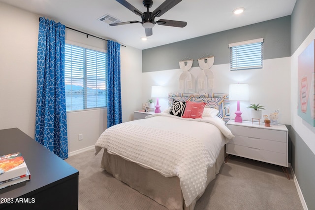 bedroom with carpet, visible vents, baseboards, and recessed lighting