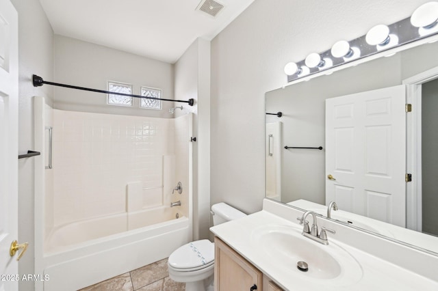 full bath featuring vanity, visible vents,  shower combination, tile patterned floors, and toilet