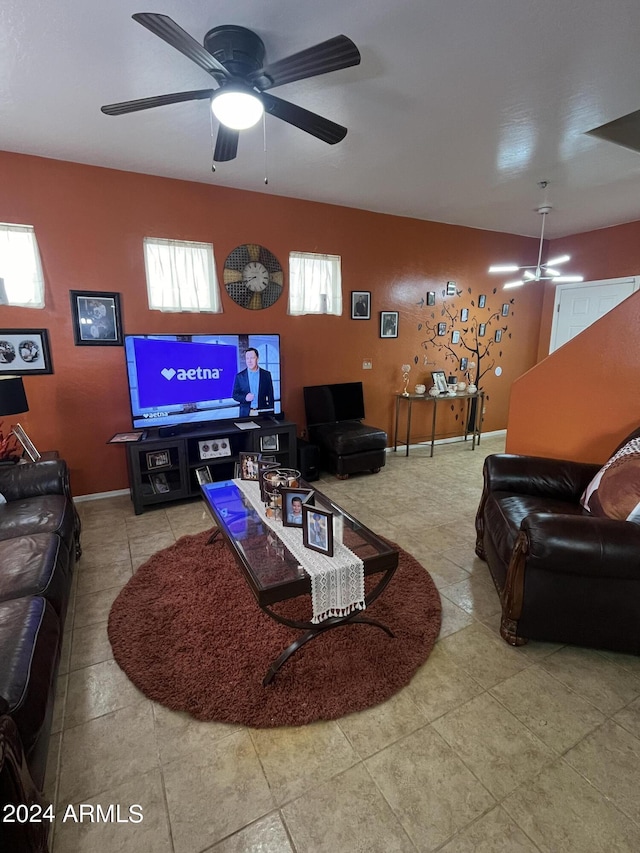 living room featuring ceiling fan