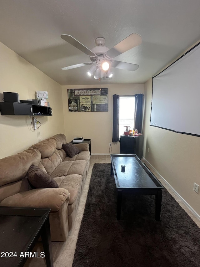 living room with vaulted ceiling and ceiling fan