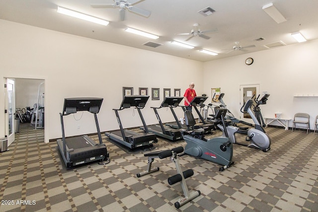 exercise room featuring a ceiling fan and visible vents