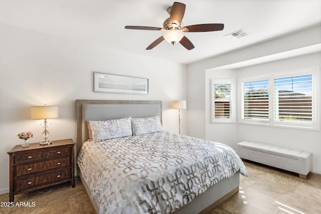 bedroom with ceiling fan and visible vents