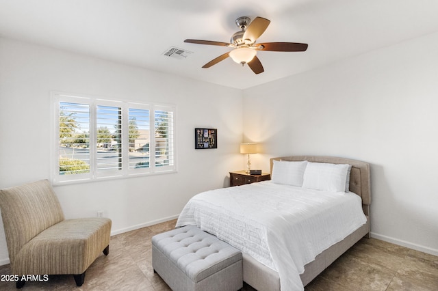 bedroom with visible vents, ceiling fan, and baseboards