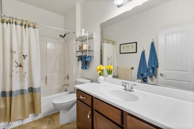 full bathroom featuring toilet, shower / bath combination with curtain, and vanity