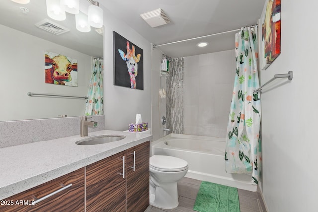 full bathroom featuring toilet, vanity, and shower / bathtub combination with curtain