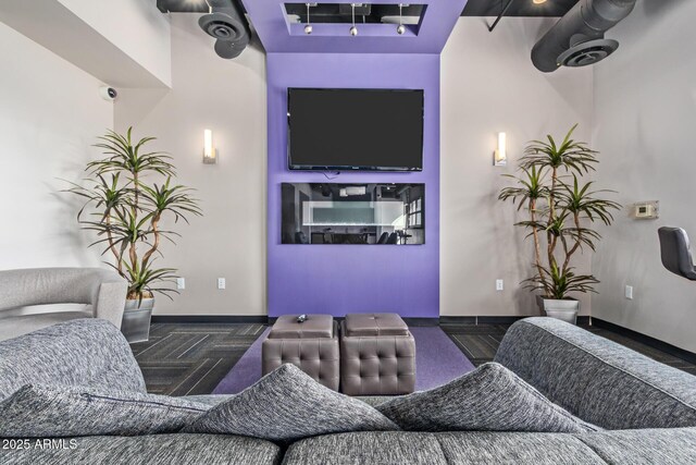 living room with dark parquet flooring