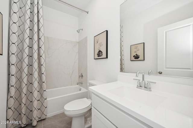 full bathroom with vanity, tile patterned floors, toilet, and shower / bathtub combination with curtain