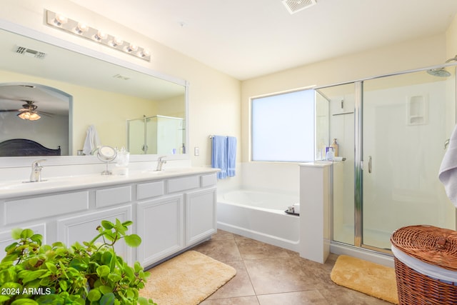 bathroom featuring vanity, independent shower and bath, tile patterned floors, and ceiling fan