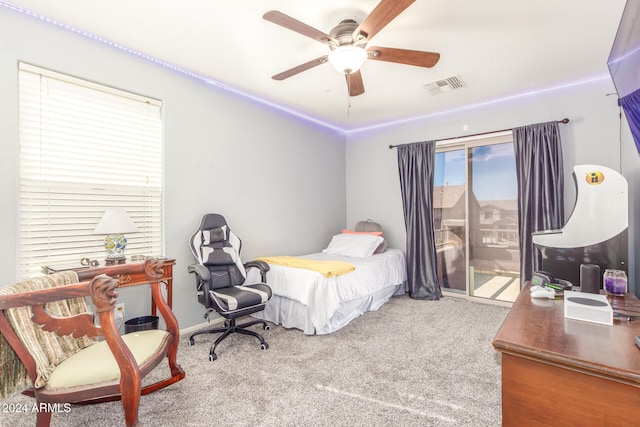 carpeted bedroom with ceiling fan