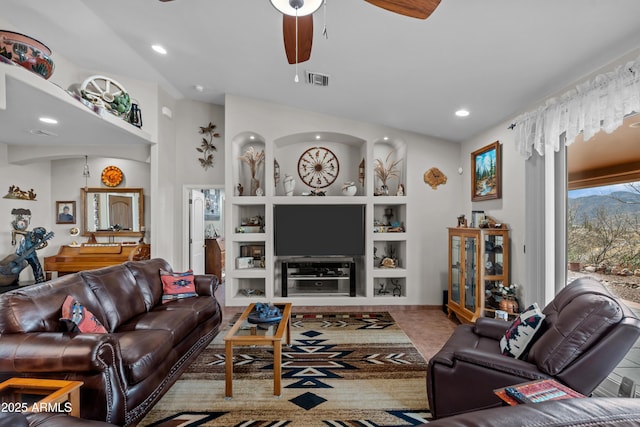 tiled living room featuring recessed lighting, visible vents, built in shelves, and ceiling fan