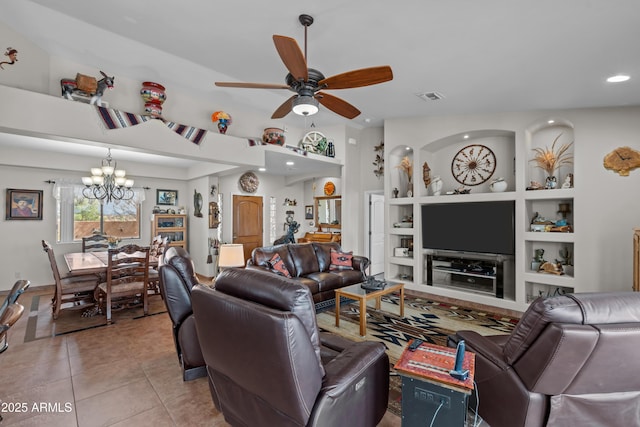 living area featuring visible vents, ceiling fan with notable chandelier, built in features, recessed lighting, and light tile patterned flooring