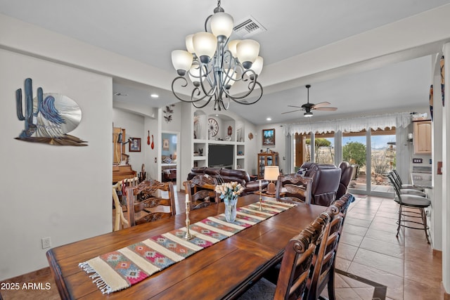 dining space with recessed lighting, built in features, ceiling fan with notable chandelier, and visible vents