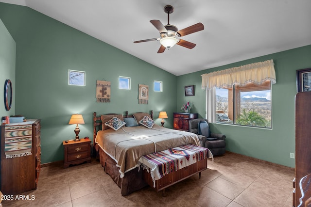 bedroom with tile patterned flooring, ceiling fan, and lofted ceiling
