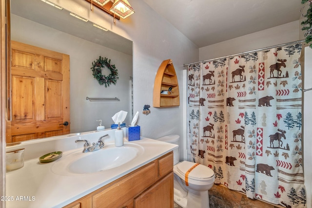 bathroom with vanity, toilet, and a shower with shower curtain