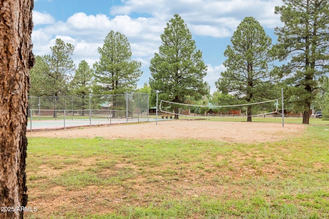 view of property's community featuring a lawn and volleyball court