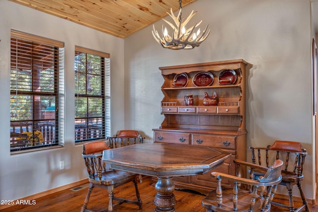 dining space with a notable chandelier, wood-type flooring, wooden ceiling, and vaulted ceiling