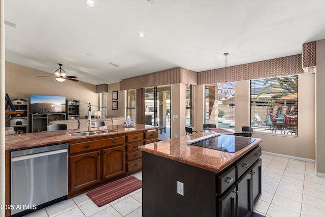 3797 N 156th Dr N, Goodyear, AZ 85395 - kitchen featuring a sink, black electric cooktop, open floor plan, light tile patterned floors, and stainless steel dishwasher