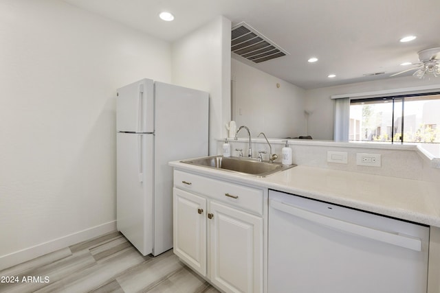 14910 N Kings Way Unit 206, Fountain Hills, AZ 85268 - kitchen with white appliances, a sink, white cabinets, ceiling fan, and recessed lighting