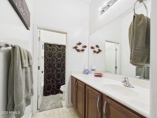 full bathroom featuring vanity, tile patterned floors, curtained shower, and toilet