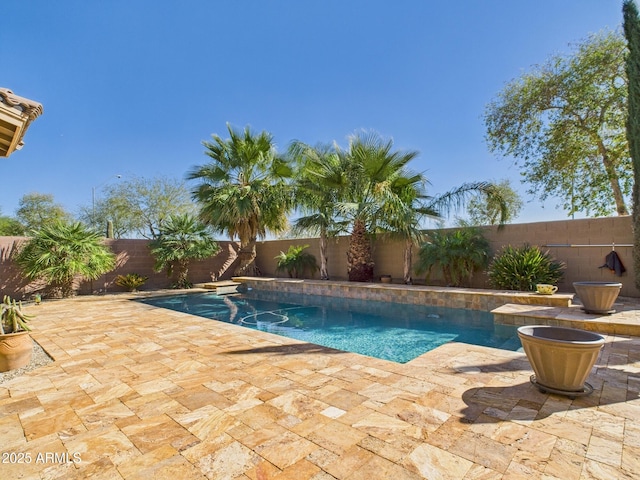 view of pool featuring a patio area, a fenced backyard, and a fenced in pool