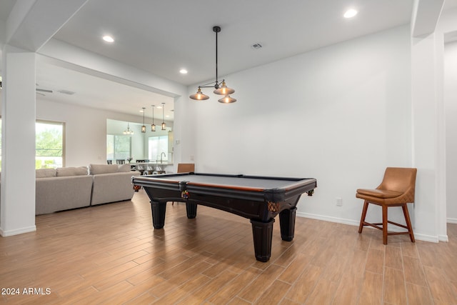 recreation room featuring billiards and light wood-type flooring