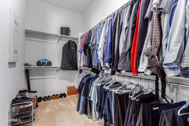 walk in closet featuring carpet flooring