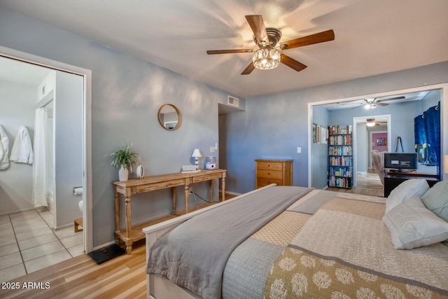 bedroom with visible vents, a ceiling fan, and light wood-type flooring