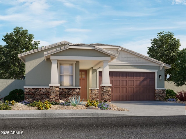 craftsman inspired home with an attached garage, stone siding, driveway, and stucco siding