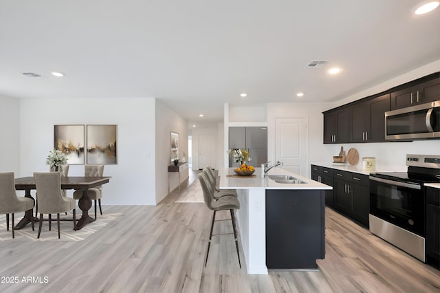 kitchen with a center island with sink, appliances with stainless steel finishes, light wood-type flooring, a kitchen bar, and sink