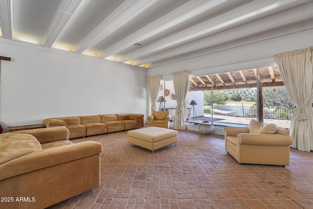2671 Hwy 82, Patagonia, AZ 85624 - living area with beam ceiling and brick patterned floors