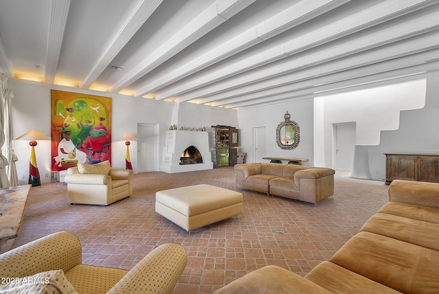 2671 Hwy 82, Patagonia, AZ 85624 - living room with a warm lit fireplace and beam ceiling