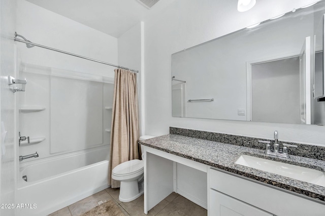 full bathroom featuring tile patterned flooring, vanity, shower / bath combination with curtain, and toilet