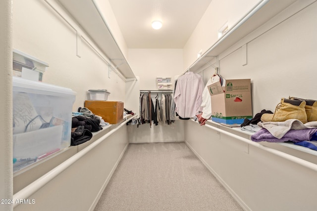 walk in closet featuring light carpet