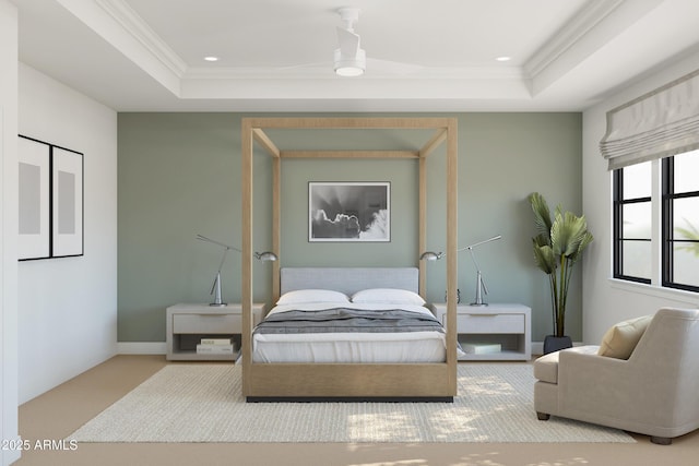 carpeted bedroom with ornamental molding and a raised ceiling