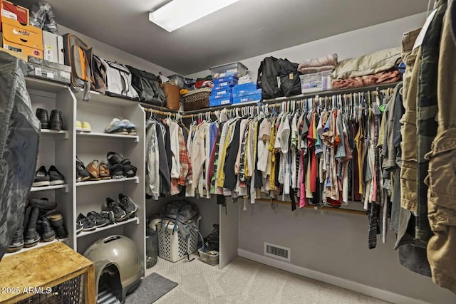 walk in closet with light carpet