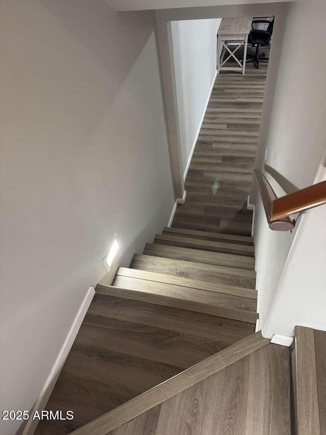 stairway with hardwood / wood-style flooring