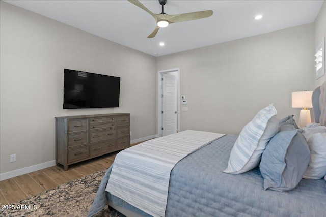5860 E Sanford St, Mesa, AZ 85215 - bedroom with light wood-style floors, ceiling fan, baseboards, and recessed lighting