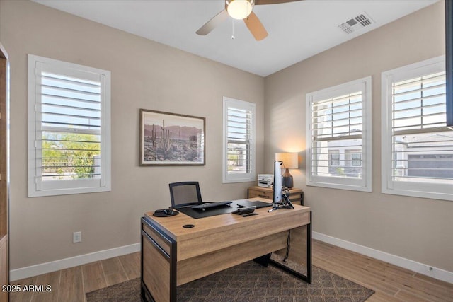 5860 E Sanford St, Mesa, AZ 85215 - office area featuring visible vents, baseboards, a ceiling fan, and wood finished floors