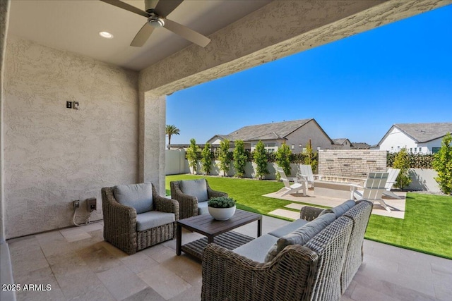5860 E Sanford St, Mesa, AZ 85215 - view of patio featuring a residential view, a fenced backyard, an outdoor hangout area, and ceiling fan